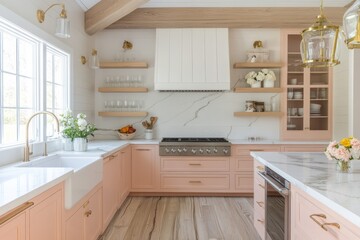 Elegant Pink Kitchen Design With Marble Countertops