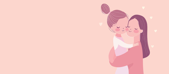 Mom hugs her daughter. Motherhood, parenthood. Woman with child. Mother's day banner, card. Vector cartoon illustration in flat style.Banner with space for text