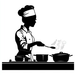 Chef cooking with pots, in kitchen, steam rising. Food preparation image