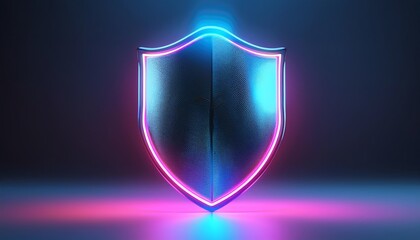 A glowing neon shield with a futuristic design, set against a dark background, symbolizing protection and security.