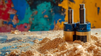 Woodworking bits for router machine on sawdust isolated on a colorful background