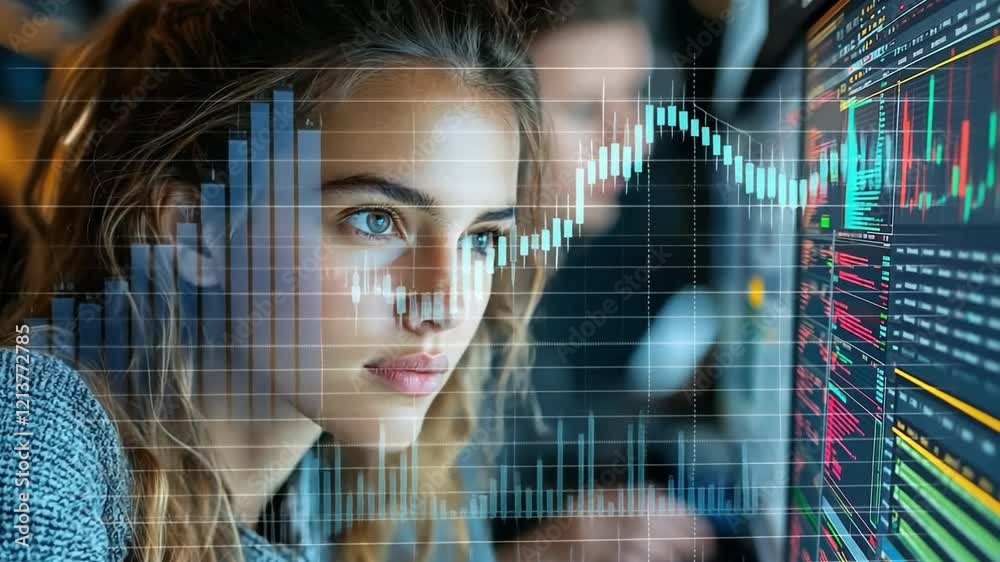 Poster Data-Driven Focus: A determined woman stares intently at a computer screen, her face partially obscured by a dynamic chart, representing the power of data analysis in the modern business landscape.