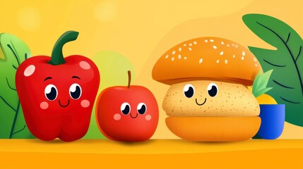 Cute Cartoon Vegetables and Fruits with Smiling Faces on Yellow Background