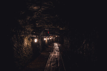 Naklejka premium Dark mining shaft in the underground Lackawanna Coal Mine Tour at McDade Park.