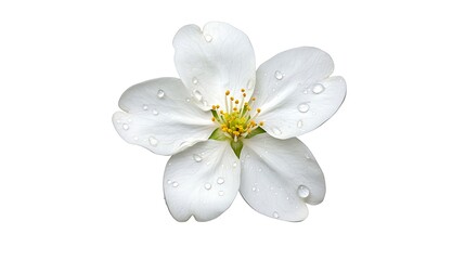 Fototapeta premium Beautiful White Flower with Water Droplets Isolated on White Background for Nature Themes Cherry Blossom Season