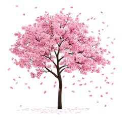 Obraz premium Beautiful Cherry Blossom Tree with Pink Flowers and Falling Petals on White Background Cherry Blossom Season