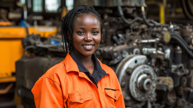 Smiling female mechanic in orange jumpsuit.