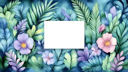 Watercolor Floral Artwork Featuring Lush Green Leaves and Delicate Flowers