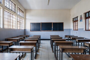 Empty classroom with wooden desks