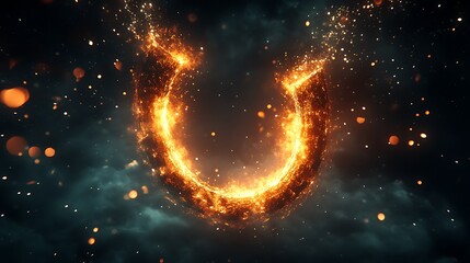 Magnetic U-shaped object glowing brightly with metallic particles attracted in dark space