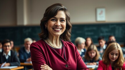 Obraz premium Confident woman, teacher, burgundy sweater, classroom setting, warm smile, arms crossed, blurred students