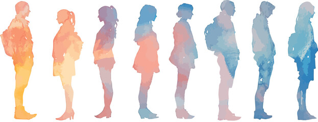Fototapeta premium Group people diversity. Silhouette profile of men women children teenagers elderly. Various people of different ages. Different cultures. Racial equality concept. Multicultural society cute soft