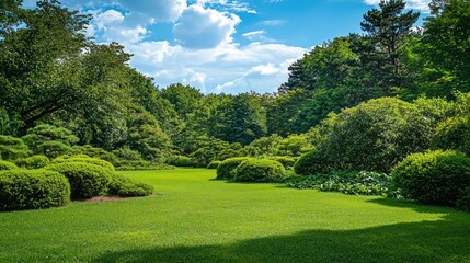 Obraz premium Serene Garden Landscape: Lush Greenery Under a Summer Sky
