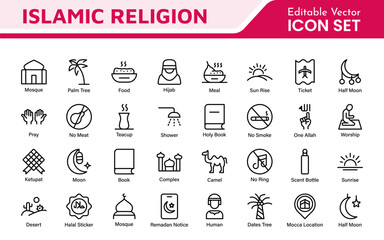 Islamic Icon Set. A beautifully crafted collection of icons reflecting Islamic culture and traditions, educational materials, apps, and websites, and Islamic community.