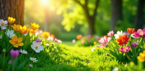 Sun-drenched garden, vibrant green grass, fresh spring blooms , tranquil, lush
