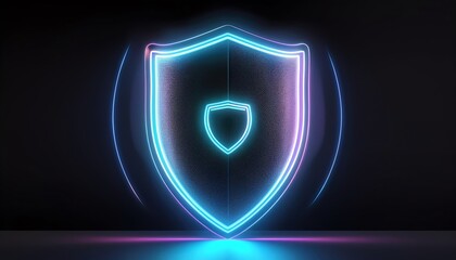 A glowing, neon shield emblem against a dark background, symbolizing protection, security, and digital safety.