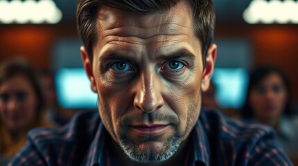 Close-up portrait, rugged man, piercing blue eyes, stubble beard, serious expression, denim jacket, intense lighting, cinematic, dramatic, high contrast, science fiction atmosphere, cyberpunk aestheti