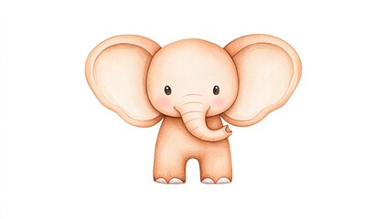 Fototapeta premium Cute cartoon elephant standing upright with oversized ears, set against a plain white background, ideal for children's art