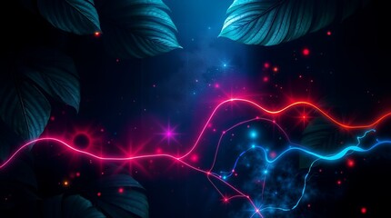 Stylized blue and red lines against a dark background with foliage