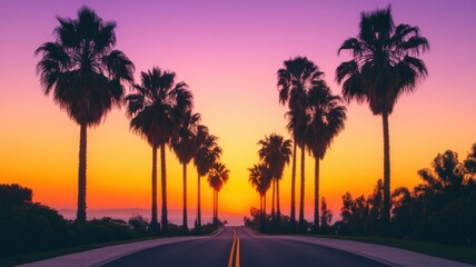 Obraz premium A scenic road lined with palm trees, leading towards a vibrant sunset with pink and orange hues illuminating the sky.