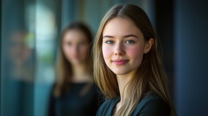 Obraz premium A young woman with long brown hair and blue eyes is smiling at the camera. Generative AI
