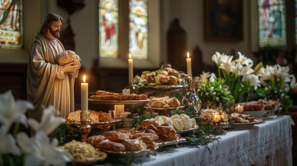 Fototapeta premium A traditional altar table for the celebration of the Feast of St. Joseph, decorated with a statue of St. Joseph, lighted candles, white lilies, and various typical dishes such as bread, Ai generated i