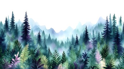Obraz premium Serene Watercolor Landscape of Misty Mountains and Evergreen Forest