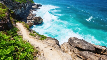 A scenic coastal path leads to vibrant turquoise waters, surrounded by rocky cliffs and lush greenery, perfect for nature lovers and adventure seekers.
