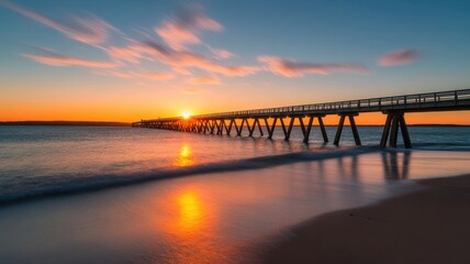 Fototapeta premium A serene sunset over a wooden pier, casting reflections on calm waters and highlighting the beauty of nature.