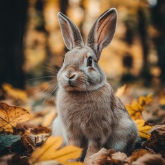 Fototapeta premium Rabbit in Autumn Leaves Close Up of a Brown Rabbit in a Forest with a Background of Fall Colors