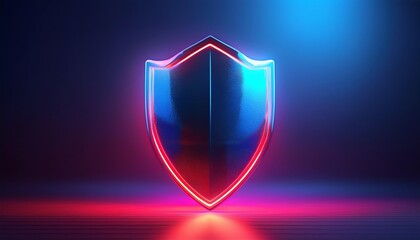 A glowing shield icon illuminated by blue and red lights, symbolizing protection and security in a digital or futuristic context.