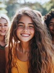 Fototapeta premium Portrait of smiling teen girl with long brown hair and freckles, enjoying time outdoors with friends