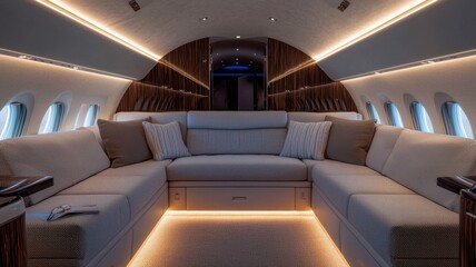 Obraz premium A luxurious private jet interior featuring a spacious, stylish lounge area with soft lighting and elegant seating.