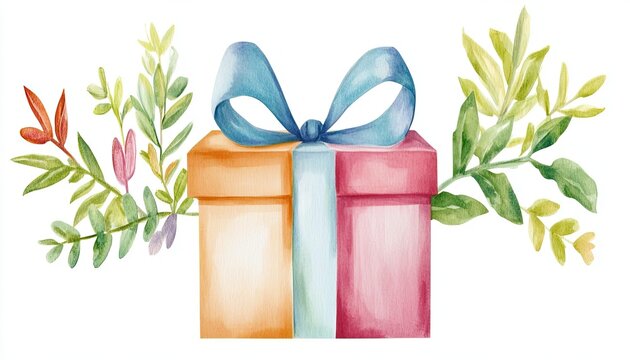 Colorful gift box adorned with a blue ribbon, surrounded by vibrant green foliage, symbolizing celebration