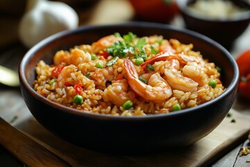 Shrimp and vegetable paella in a rustic bowl