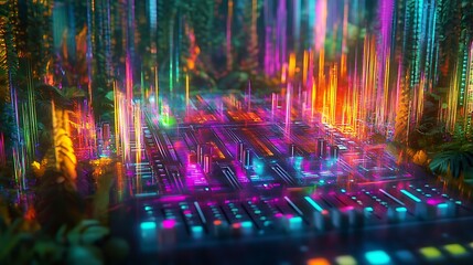 Vibrant Neon Lights Illuminate Tropical Jungle DJ Mixer