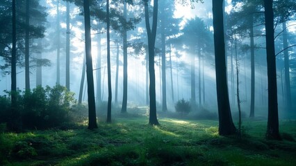 Obraz premium Tranquil forest bathed in soft sunlight, earthy tones blending harmoniously, evoking peace and natural serenity.