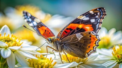 Obraz premium Admiral Butterfly Feeding on White Flower Nectar, Close-up Macro Shot