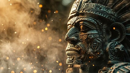 Mayan statue, jungle smoke, ancient ritual, history, educational