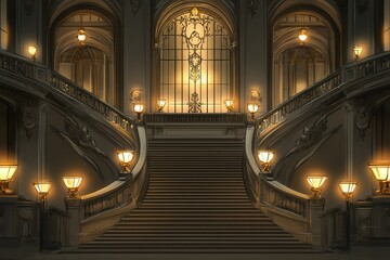 Obraz premium Elegant Grand Staircase in Luxurious Hallway with Soft Ambient Lighting Creating a Warm and Inviting Atmosphere for a Premium Stock Image
