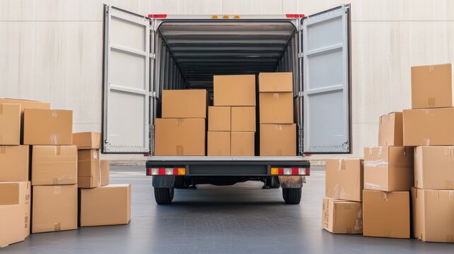 A delivery truck is parked with its doors open, revealing stacked boxes inside and outside, ready for unloading.