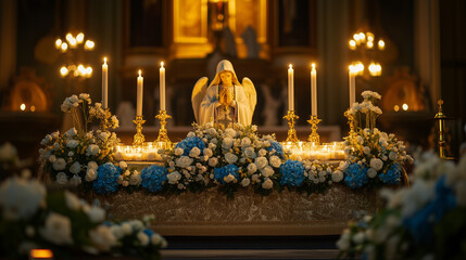 Church altar decorated for the Feast of Annunciation, with statues of the angels Gabriel and Mary, Ai generated images