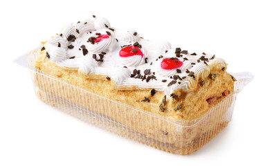 Classic cake topped with whipped cream, cherries, and chocolate shavings at a dessert display
