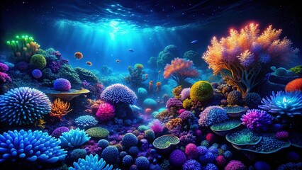 Bioluminescent Underwater Scene at Night, Vibrant Coral Reef, Deep Ocean, Dark Blue Water