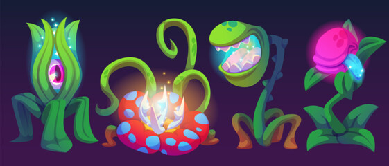 Glowing magical plant monsters in dark environment. Mystical flora with luminous effect - cyclopean green shoot, spotted pink creature with thorns, fanged predator, sparkling flower for fantasy design