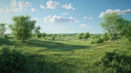 Obraz premium Serene Summer Meadow Landscape: A Digital Painting of a Peaceful Grassland
