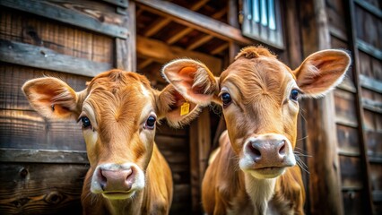 Close-up of Curious Calves in Rustic Barn, Minimalist Farm Animal Photography