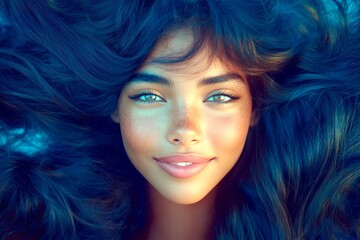 Fototapeta premium Long haircut - gorgeous bush hair. Gorgeous smiling mixed-race girl - for ads, media and social social online ad ad use. Commercial digital ads visual artwork. Long colored hair models.