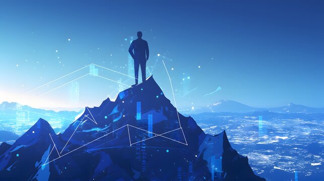 Dark blue technological backdrop with digital peaks, symbolizing a mountain of progress with a businessman flagging success