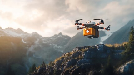 Fototapeta na wymiar Drone Delivery in Mountainous Terrain Medical Supply Transport